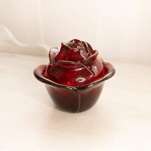 Vintage LE Smith Red Amberina Glass Covered Rose Flower Lidded Dish